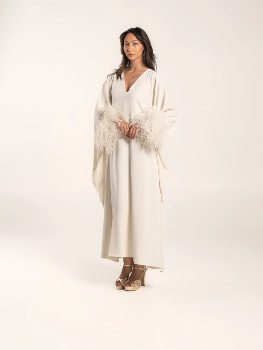 Luxury Ivory Feather-Trim Dress